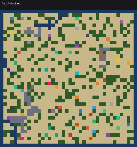 Faction dynamics — settlements change color as allegiances shift